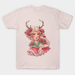 Fairy Deer Girl with Pink Flowers T-Shirt